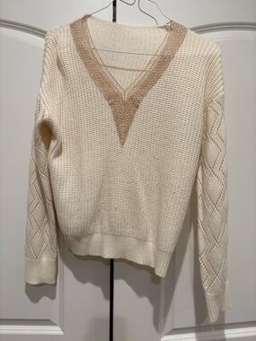 Cream V-Neck Knit Sweater with Taupe Trim